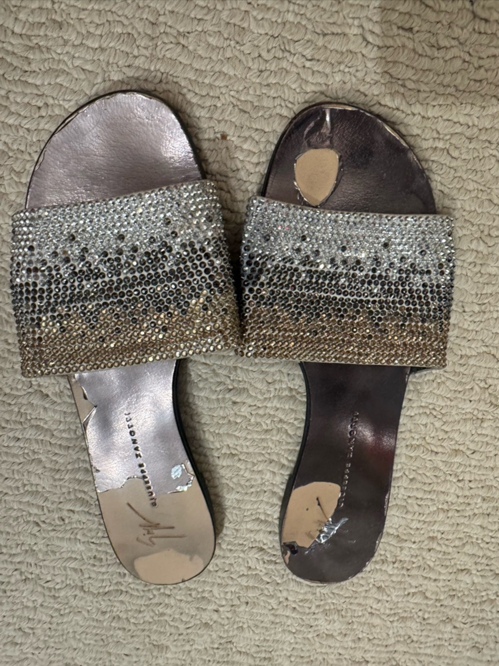 Giuseppe Zanotti Gold and Silver Crystal Ombre Slide Sandals